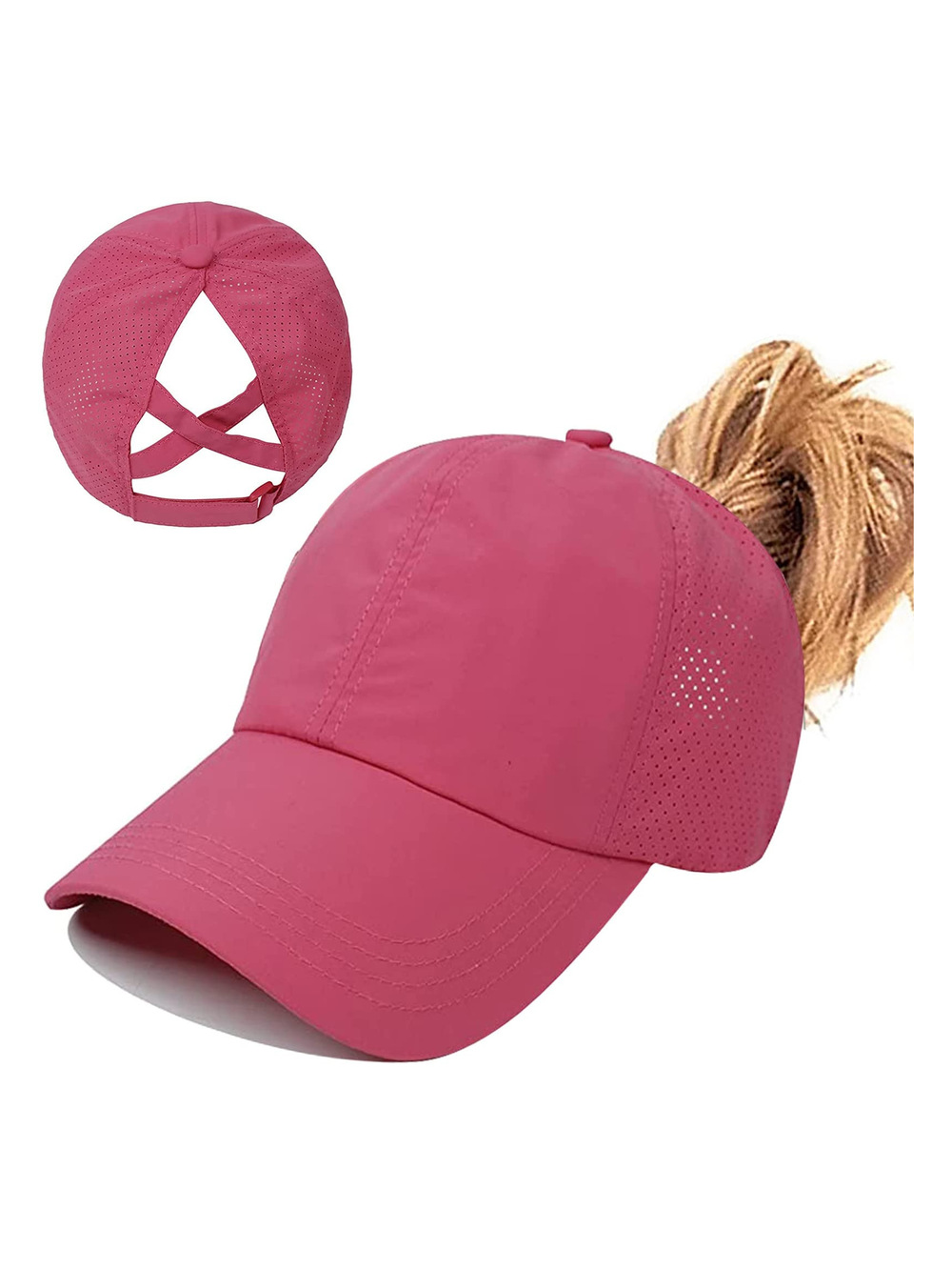 Womens Ponytail Hat Baseball Cap, Adjustable Criss Cross | Zrose Red | Size OS